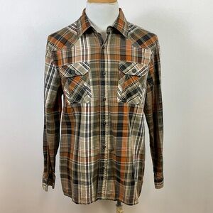 VIBES GOLD Button Front Plaid Long Sleeve Shirt Brown & Orange, sz XL